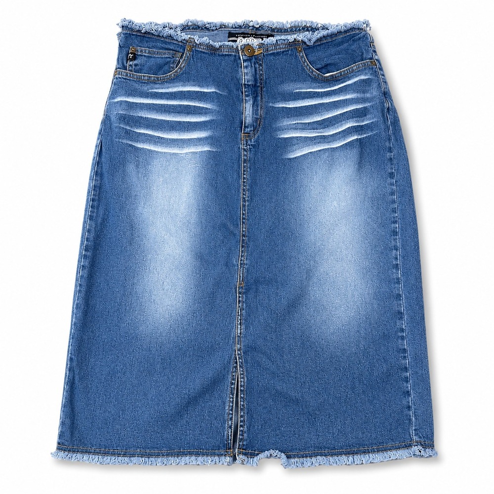 Tyte American Standard Denim Midi Skirt Womens 7 Stretch‎ Blue Raw Hem Frayed